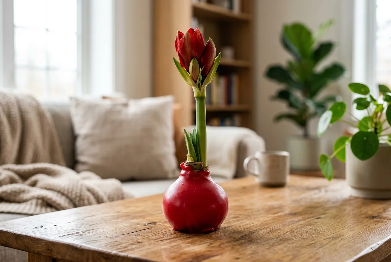 Rode gewaxte amaryllisbol op een houten tafel, met bloemsteel en knop, huiskamer op de achtergrond
