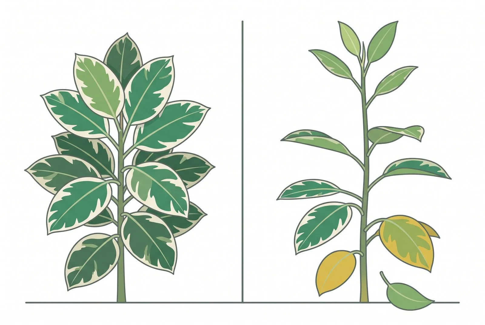 Schema: Links een volle plant met bont blad in goed licht, rechts dezelfde plant gerekt bij weinig licht; het nieuwe blad is klein en bleek, de bontheid is verdwenen en de onderste bladeren zijn geel.