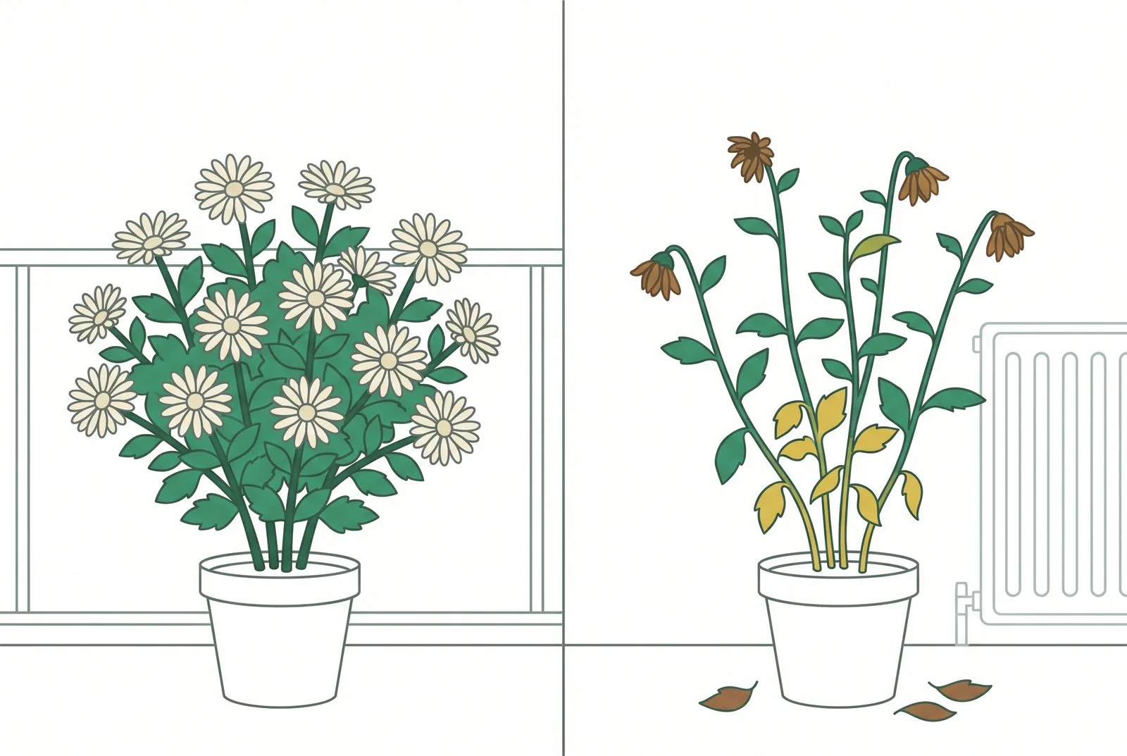 Schema: Van de zeven soorten staan hier de balkonplanten. Links dezelfde plant vol en rijk bloeiend op het balkon, rechts in een warme kamer naast de radiator, gerekt, met verdroogde bloemen en vergeelde onderste bladeren.