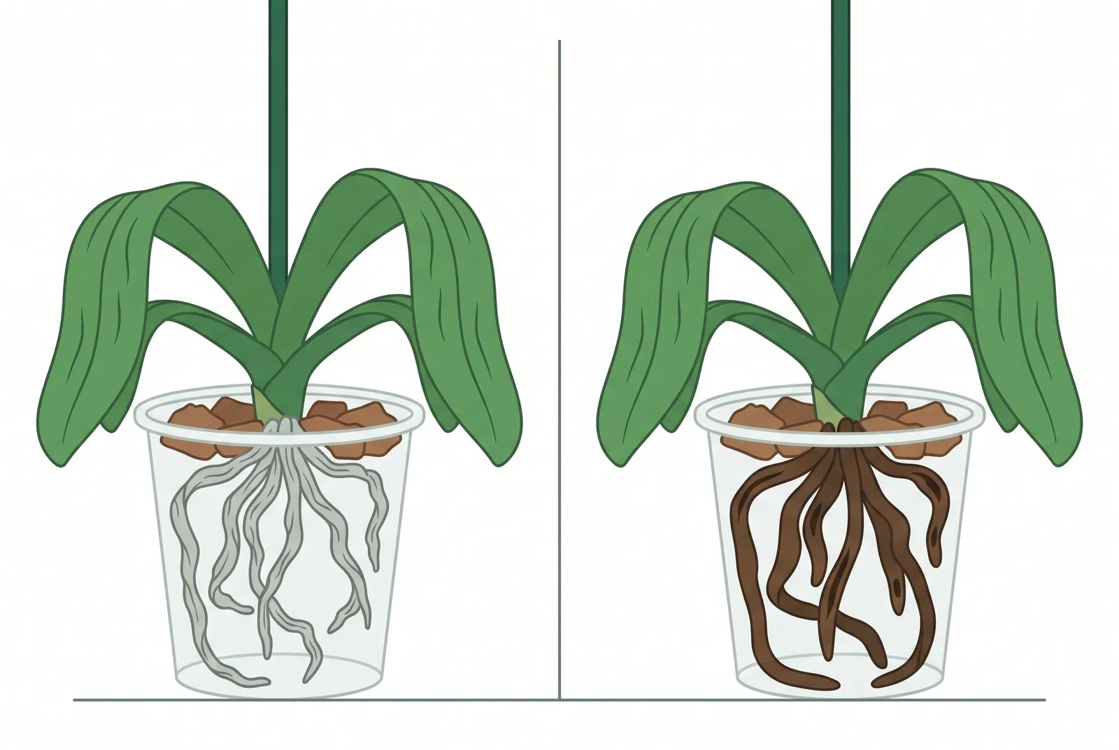 Schema: Bij twee orchideeën zien de bladeren er precies hetzelfde uit, slap en gerimpeld; het verschil zit alleen in de wortels: links droge, grijze en gekrompen wortels, rechts zachte, donkerbruine rotte wortels.