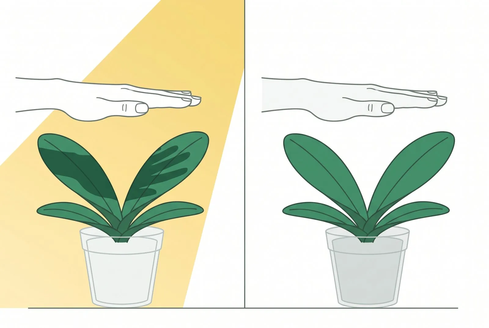 Schema: Boven dezelfde orchidee wordt een hand gehouden; links valt er bij sterk licht een scherpe handschaduw op de bladeren, rechts is er bij zwak licht helemaal geen schaduw.