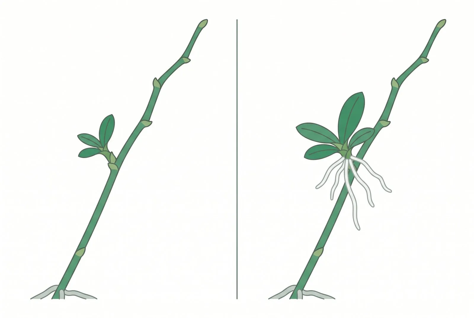Schema: Een kindje op een knoop van de bloemstengel in twee stadia; links heeft het alleen een paar blaadjes, rechts zijn de eigen wortels zo lang als de blaadjes.