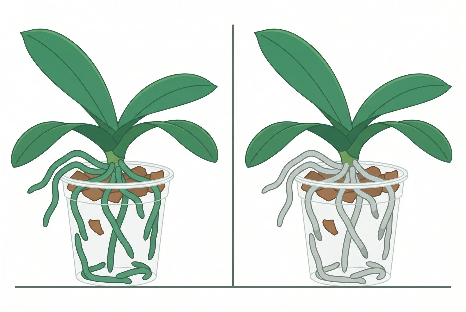 Schema: Dezelfde orchidee met twee worteltoestanden; links groene, met water verzadigde wortels, rechts zilvergrijze, dorstige wortels. In beide gevallen zijn de wortels vol en de bladeren gezond.