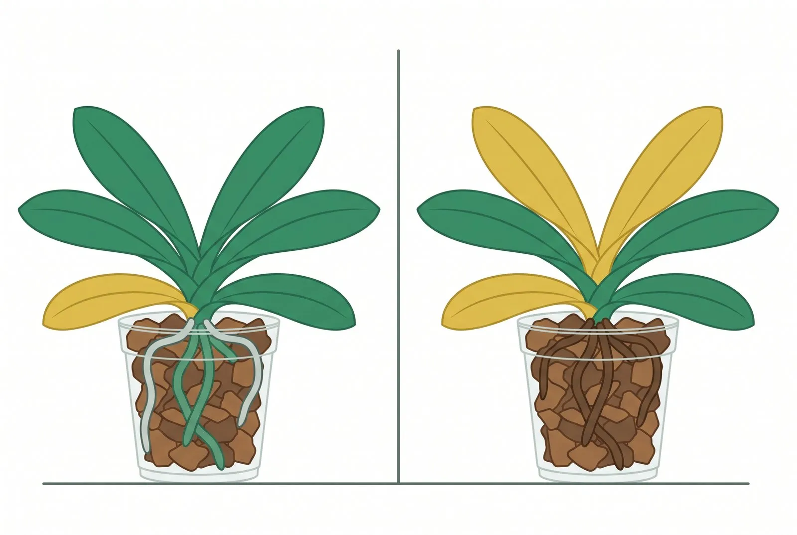 Schema: Links is alleen het onderste oude blad geel en zijn de wortels vol; rechts zijn meerdere bladeren geel, ook jong blad bovenin, en zijn de wortels donkerbruin.