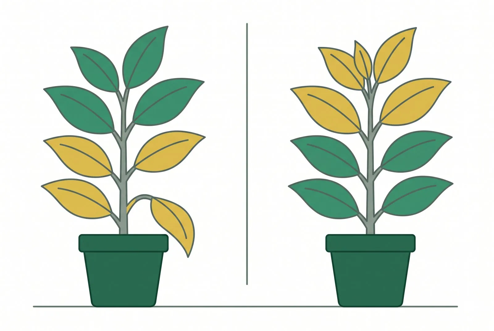 Schema: Twee keer dezelfde plant; links zijn de onderste oude bladeren geel, rechts de jonge bladeren bovenin. Het enige verschil is waar de vergeling zit.